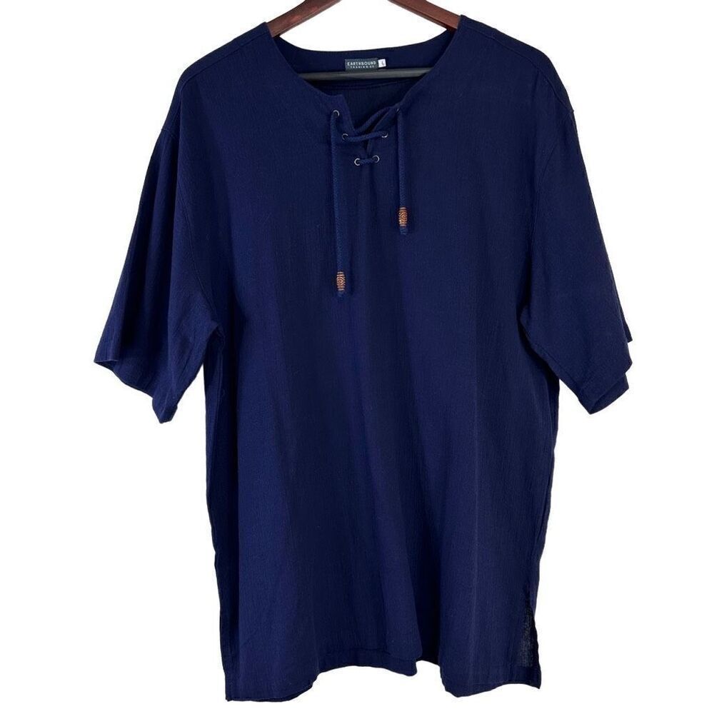 Earthbound Trading Co Navy Blue Gauzy Cotton Top Relaxed Fit Womens Large Beachy